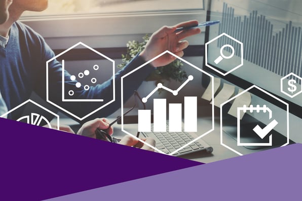 Professional reviewing data analytics and performance charts on a computer, with icons symbolizing AI-driven revenue cycle management and efficiency in medical billing.