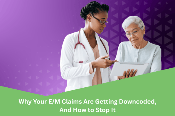 Healthcare provider reviewing patient records on a tablet with an elderly patient, representing strategies to prevent E/M claim downcoding, improve medical billing accuracy, and ensure proper reimbursement for evaluation and management services